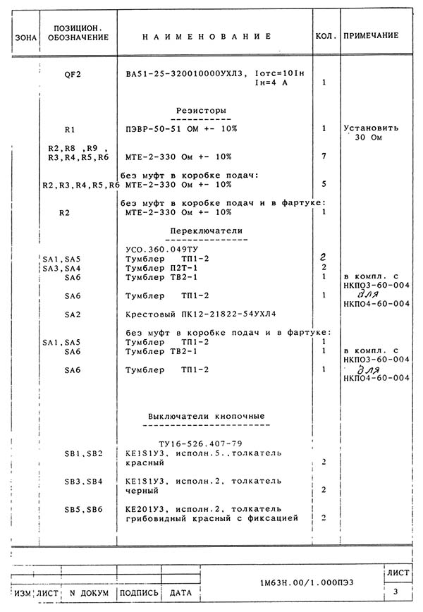 Список елементів електрической схеми токарного верстата 1М63Н